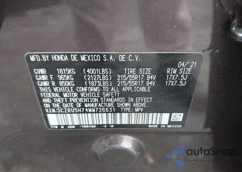 2021 Honda Hr-V 2Wd Ex-L из США, поврежденный, VIN 3CZRU5H74MM726631